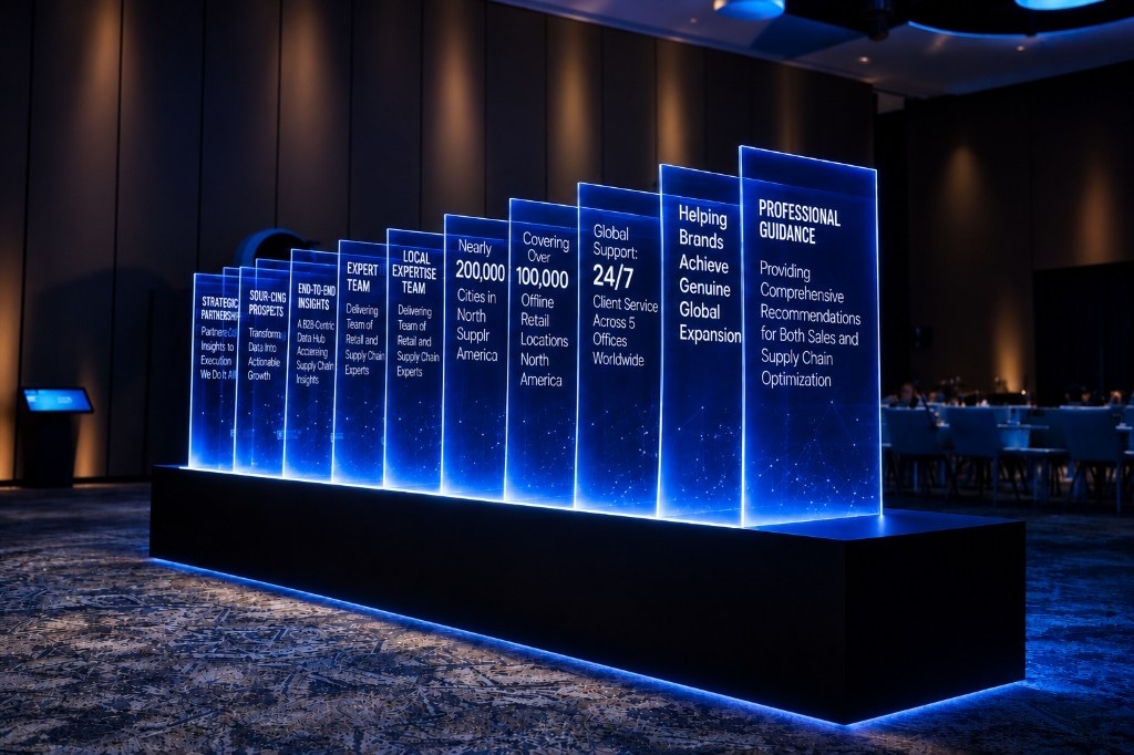 Corporate exhibition display with illuminated blue glass panels